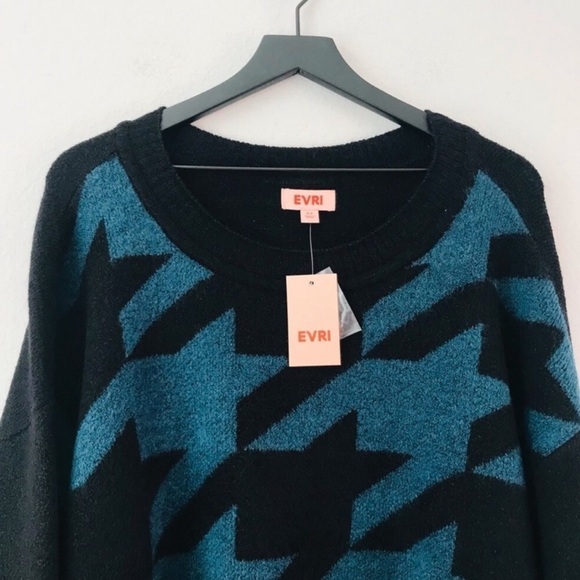 New! Houndstooth Crewneck Super Soft Knit Black Teal Ribbed Hem Pullover Sweater - Picture 4 of 8